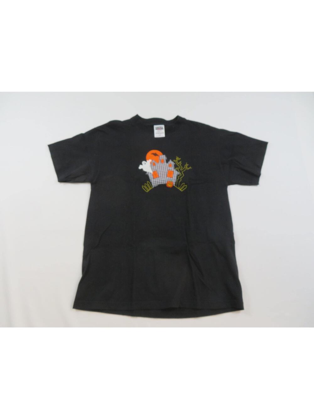 Halloween T-shirt Ghost Creepy House Bat Applique Black Tultex Brand Sz L 1990s